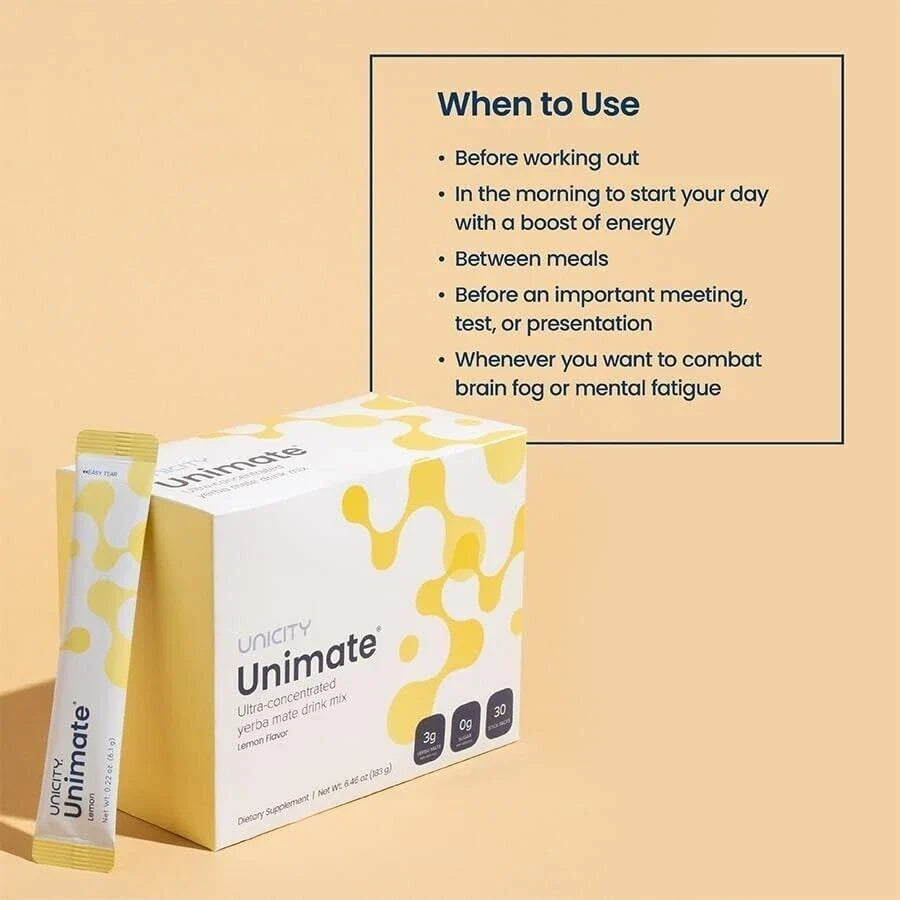 Unicity Unimate Dietary Supplement LEMON FLAVOR Drink Mix 5/10/30 Pack - Exp2027